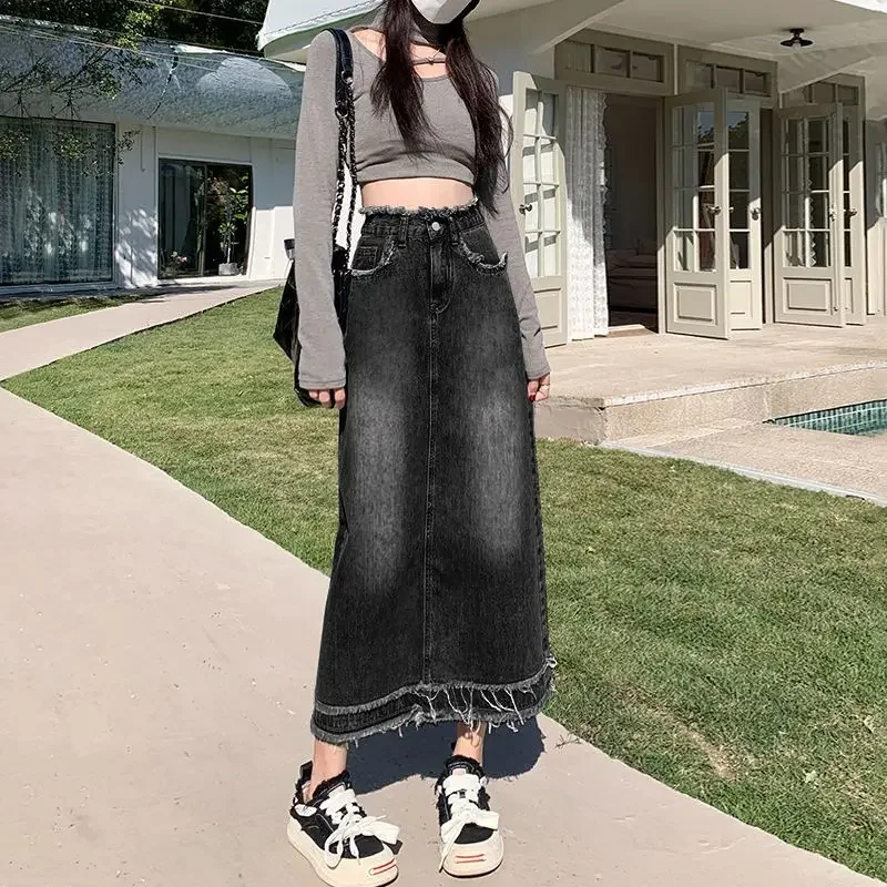 

Джинсовые юбки для женщин, синяя женская джинсовая юбка с высокой талией и бахромой, миди премиум-класса, скромная трапециевидная одежда, тренд 2025, дешевое качество