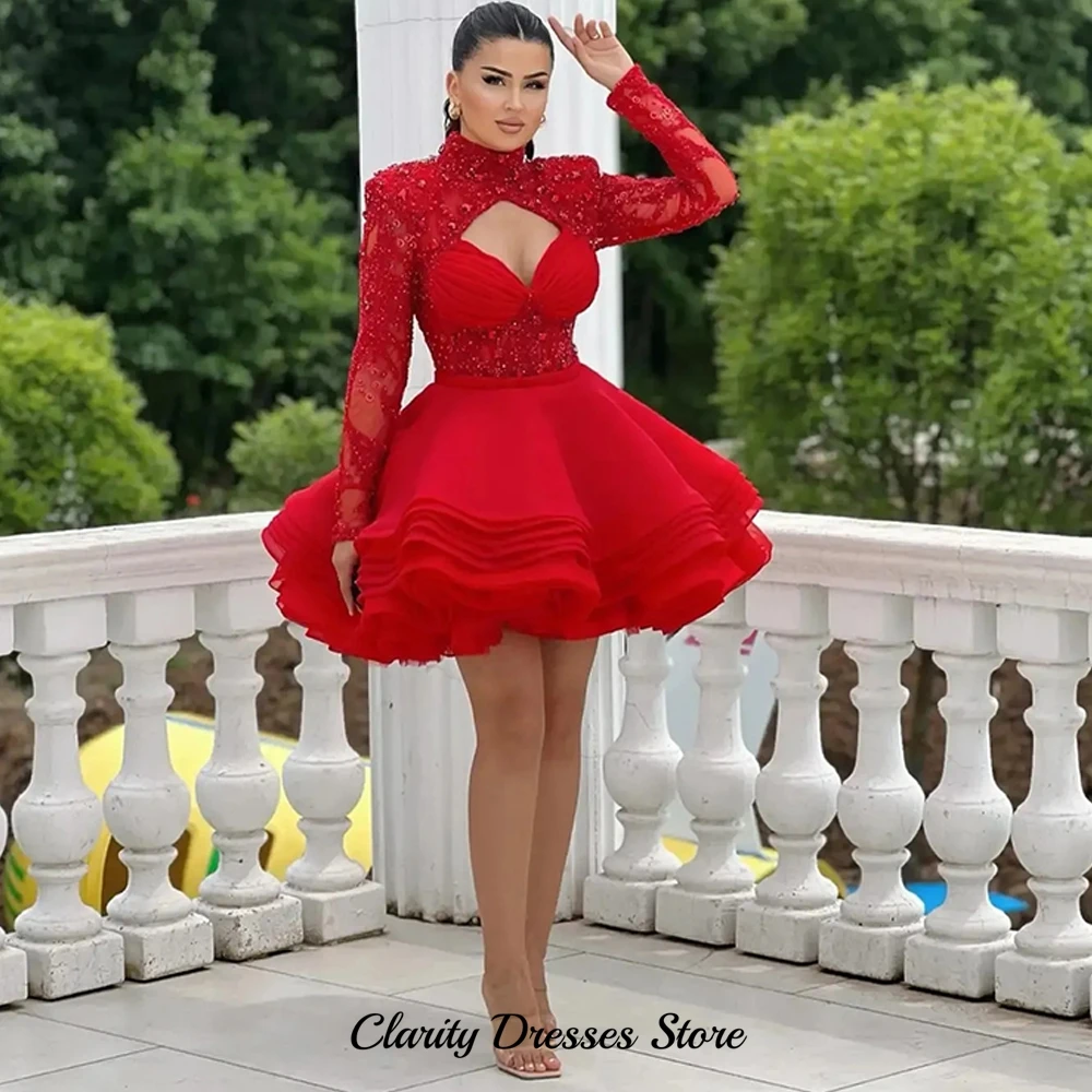 Delicate Red Organza Evening Dress Exquisite High Collar Long Sleeves Customized Cocktail Dresses Bespoke Occasion Gowns image 2