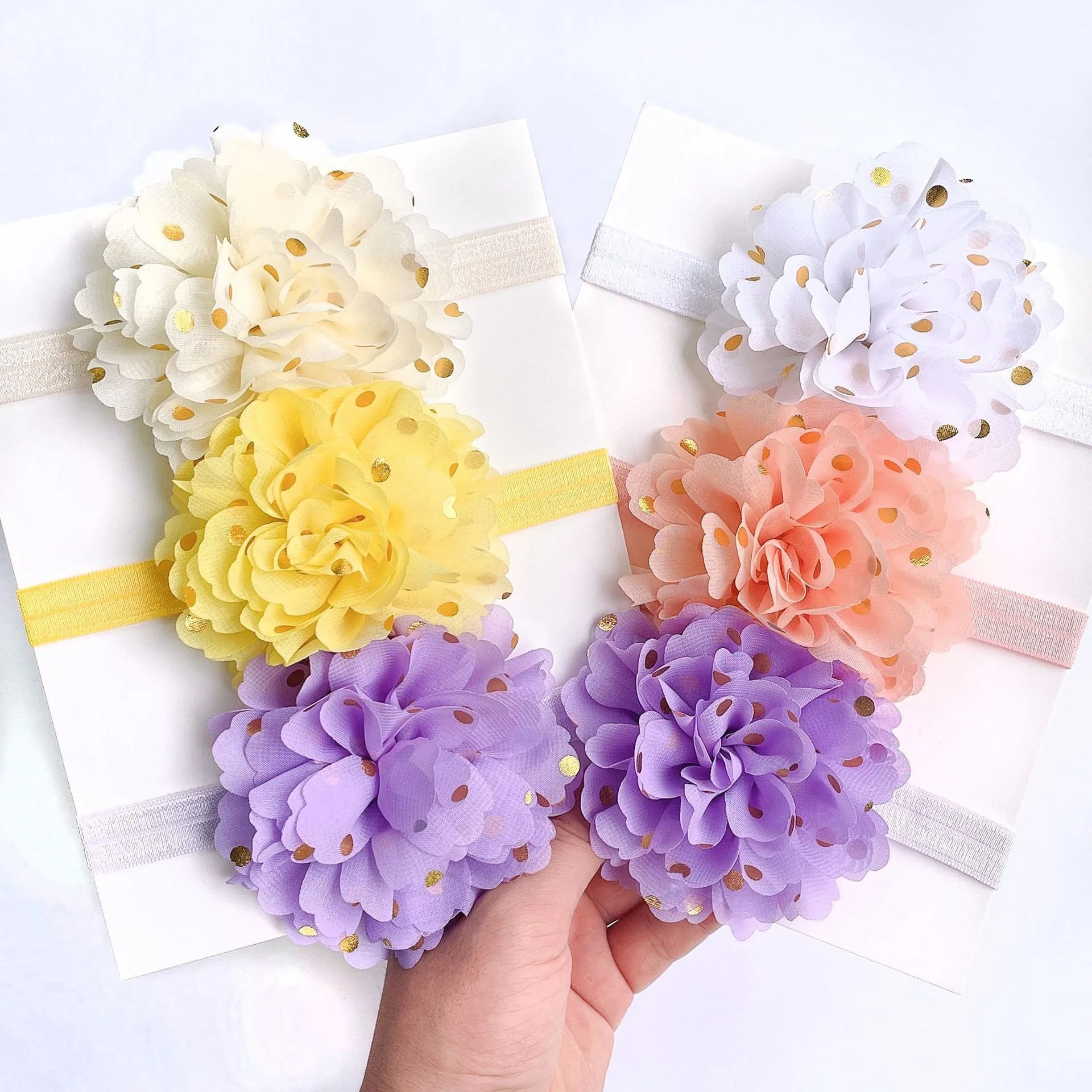 1Pc Gold Polka Dot Big Chiffon Flower Baby Headband Soft Skinny Elastic Hairbands for Girls Newborn Infant Photography Props