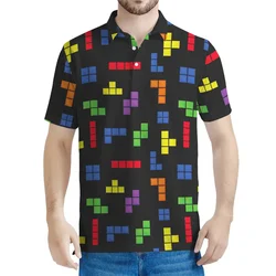 Colorful Games Block Puzzle Pattern Polo Shirt Men 3D Printed Tee Shirts Street Lapel Short Sleeves Women Y2k Button T-Shirt
