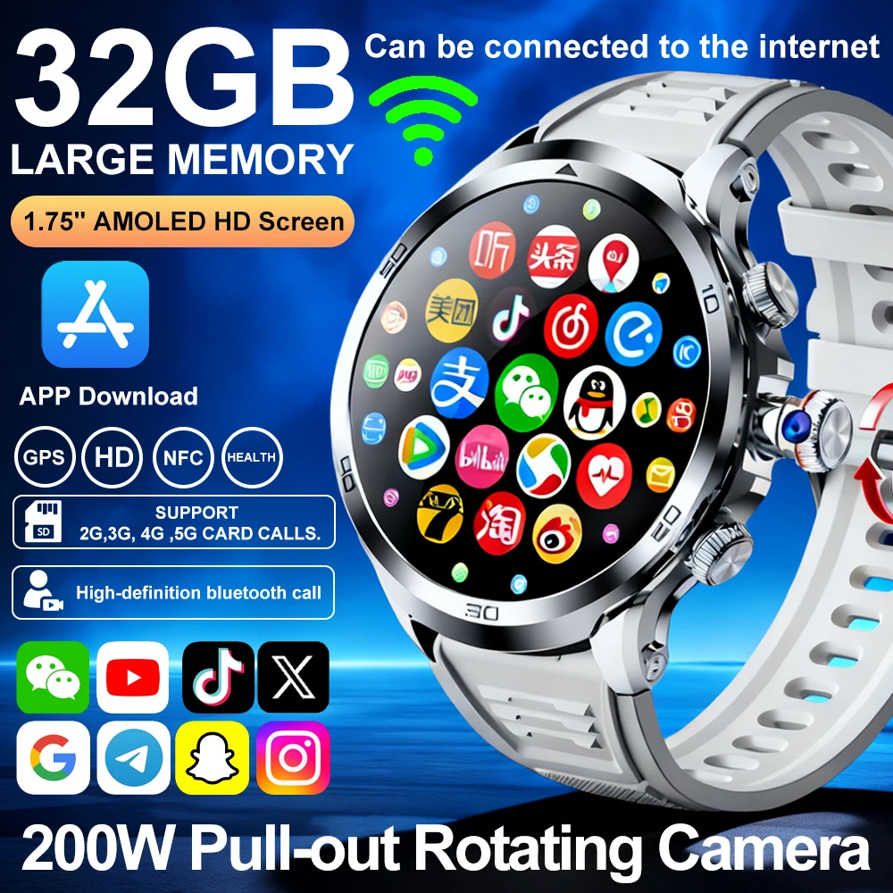 

2025 Smart Watch H19 4G SIM Card 1.75''AMOLED Global Call Google Play Download APP 190° Pull Out Camera GPS WIFI Men Smartwatch