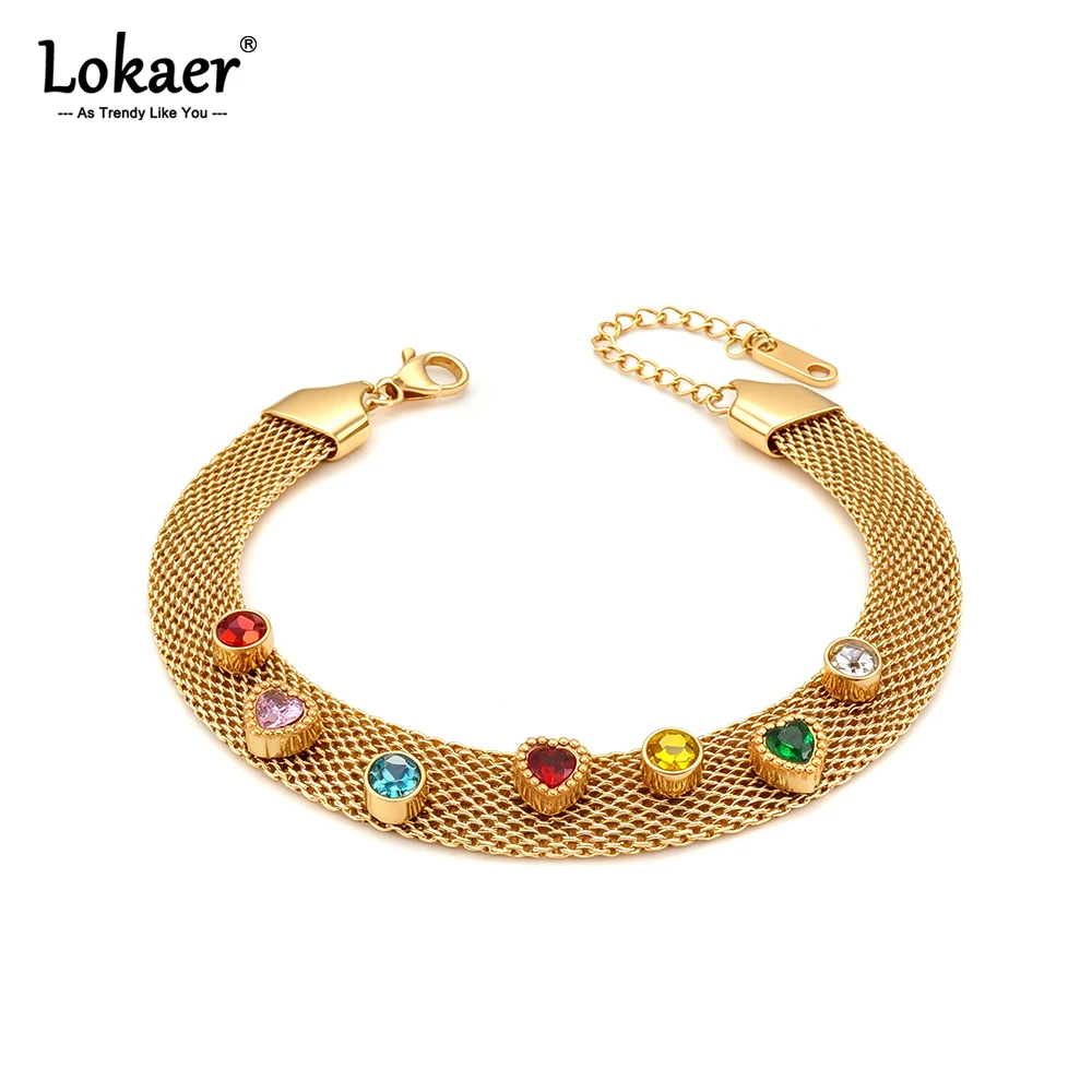 Lokaer High Quality Stainless Steel Wide Flat Chain Bracelet For Women Exquisite Colorful Cubic Zirconia Luxury Jewelry B26051