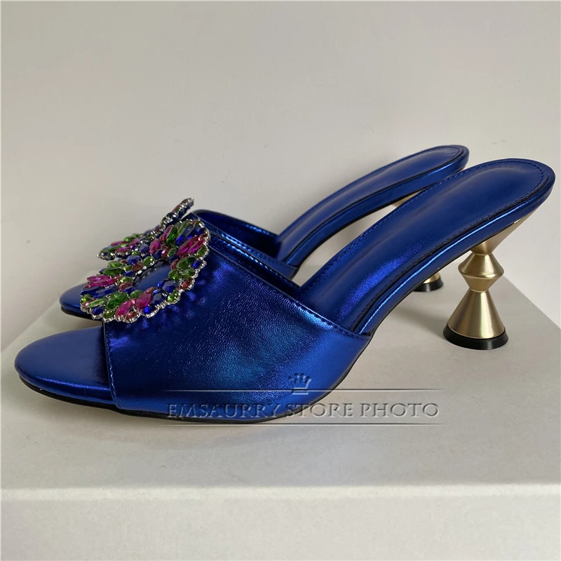 Colorful Rhinestone Buckle Modern Sandals Women Metal Strange Heel Genuine Leather Slingbacks Summer Mules