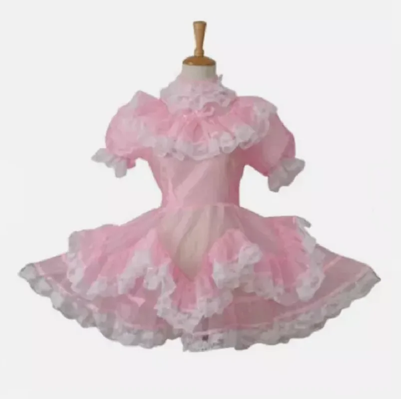 

2024 New Hot Selling Sissy Pink Organza Lockable Perspective Maid Dress Uniform Customization