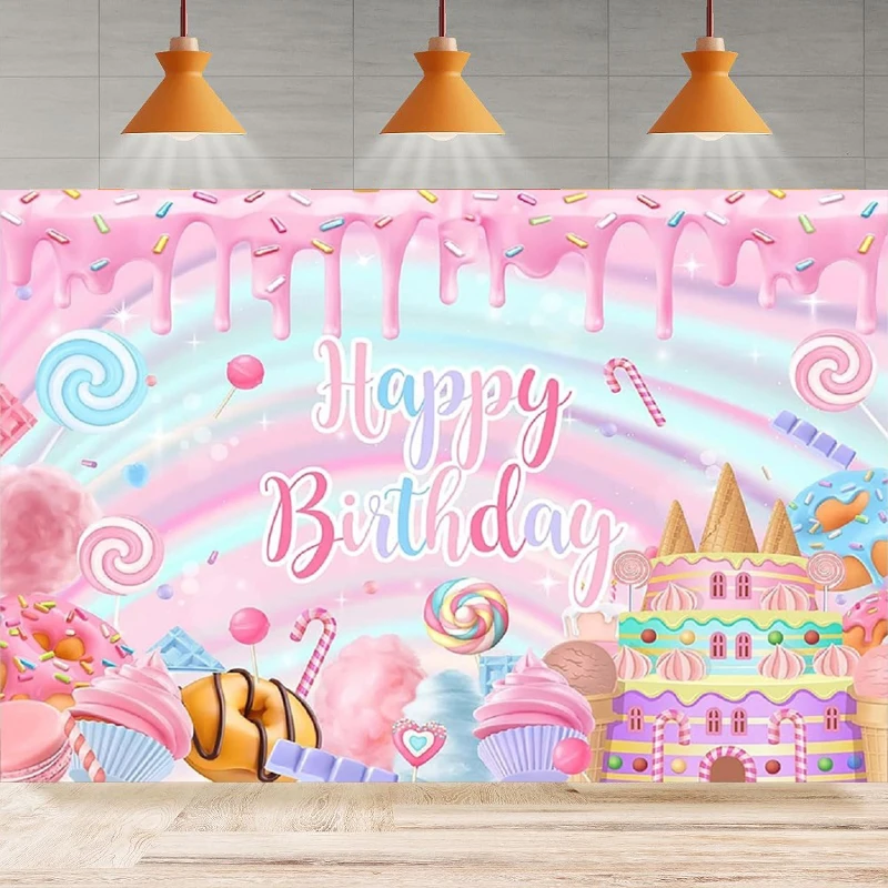 

Candyland Party Photography Backdrop Donut Party Two Sweet One Birthday Ice Cream Banner Girls Candy Land Lollipop Background