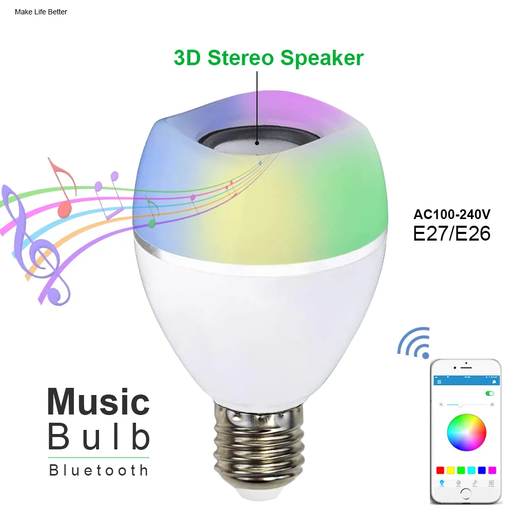 หลอดไฟ SPEAKER Musik LED E27บลูทูธพร้อมเสียงเบสหนัก3D ไฟ E26ไฮไฟอัจฉริยะไฟ AC110เสียงทุ้ม AC220V 7วัตต์