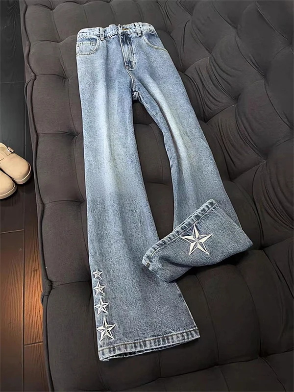 

Embroidered Five-Pointed Star Men's Jeans High Street Straight Leg Pants Slimming Effect Autumn Winter American Vibe Flared J...