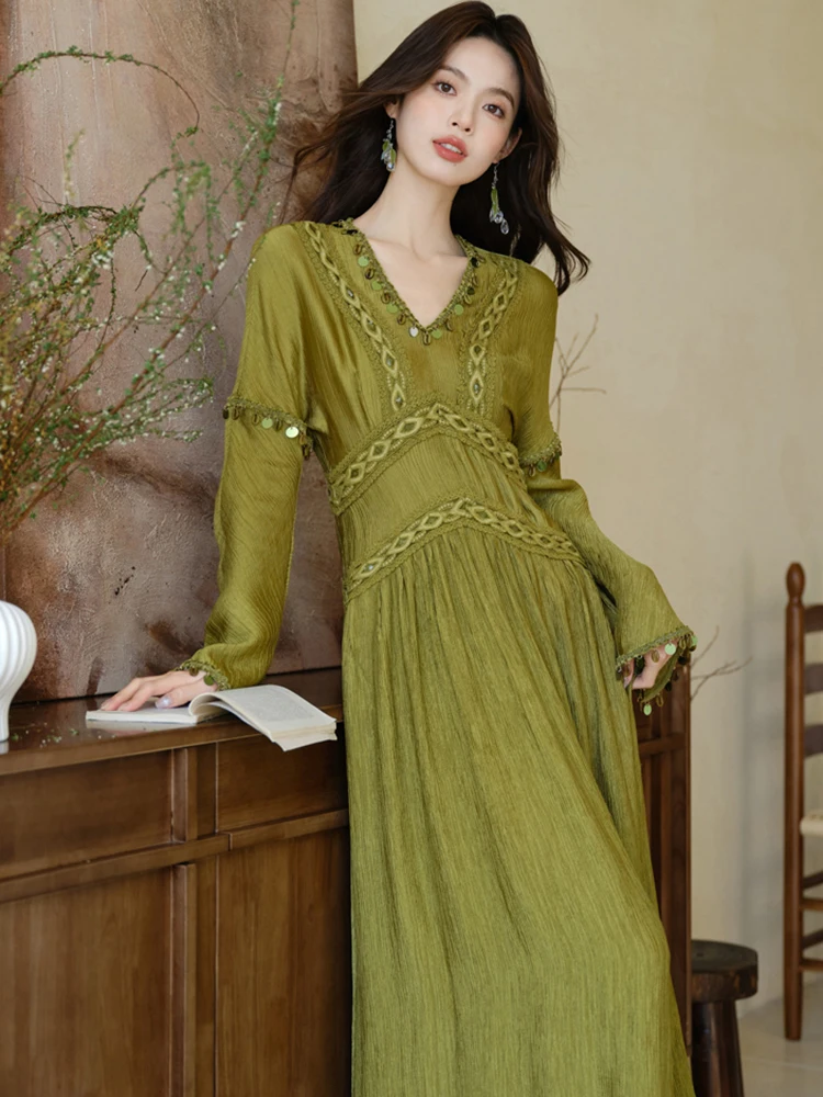 Automne hiver vert à manches longues Chic diamants col en v robe Maxi femmes élégant décontracté robe de vacances 2025 coréen luxe robe de bal