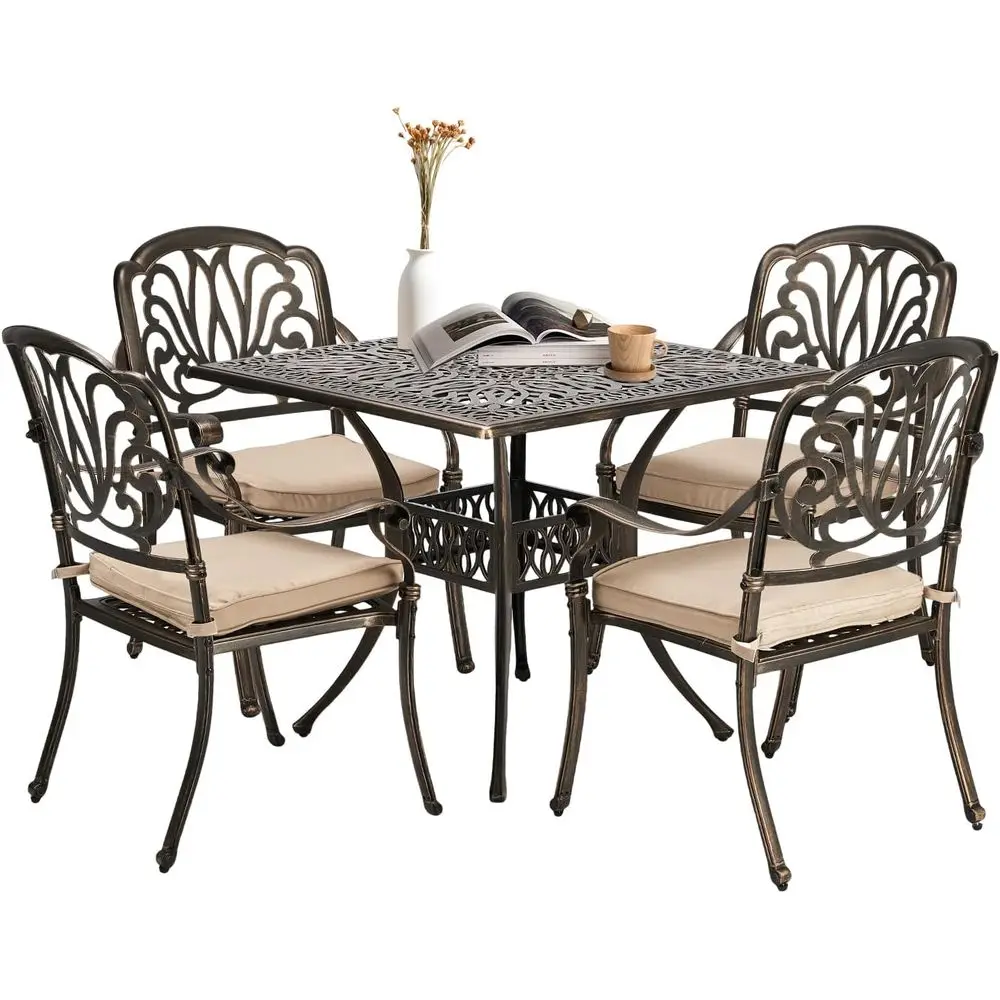 

Всепогодный обеденный набор для патио из 5 предметов с подушками, квадратный стол и стулья, отверстие для зонта, идеально подходит для заднего двора, террасы или у бассейна