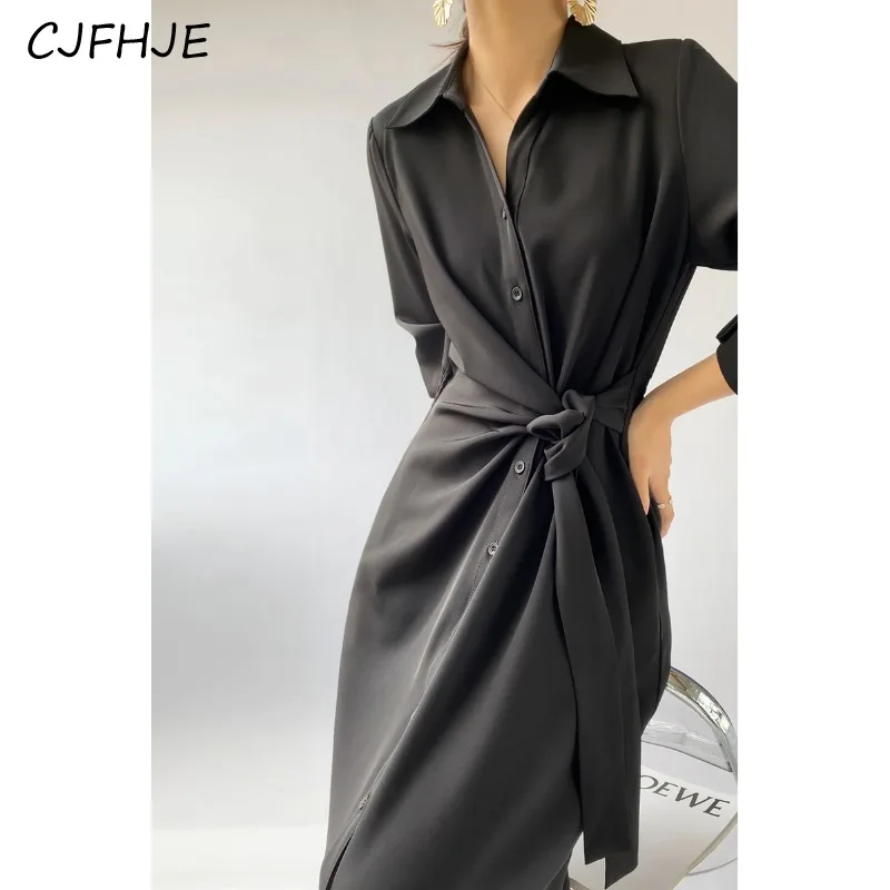 

CJFHJE New French Elegant Women's Black Oversized Shirt Dress Korean Version Retro Fashion Temperament Long Sleeved Women Dress