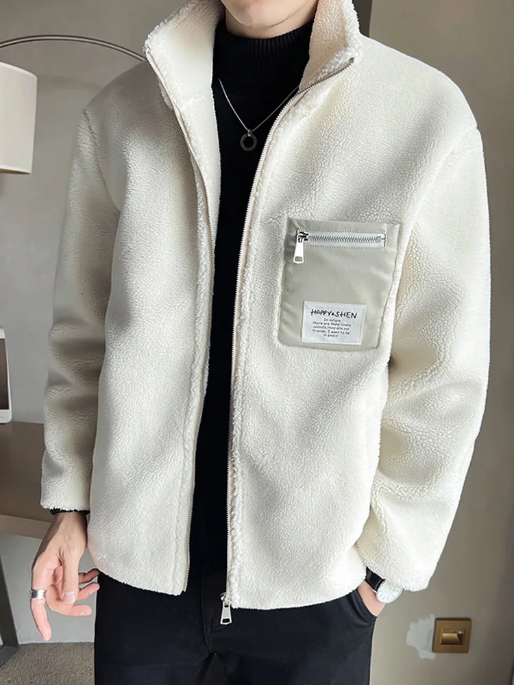 

Thiened Fce Cotton Jaet Men's Warm Stand Collar Trendy Brand White Cotton Outerwear Lamb Fur Jaet Youth Winter Faion