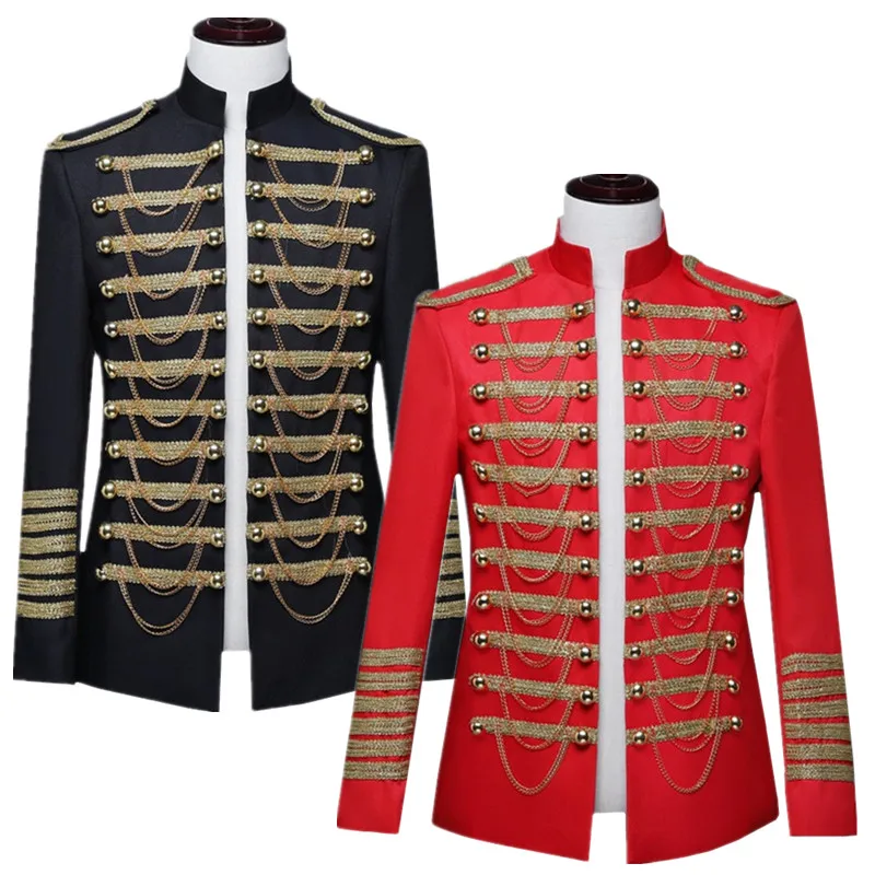 

Red Military-Style Suit Jacket with Gold Embellishments for Stage Performances & Formal Events, Men Stand Collar Luxury Blazer