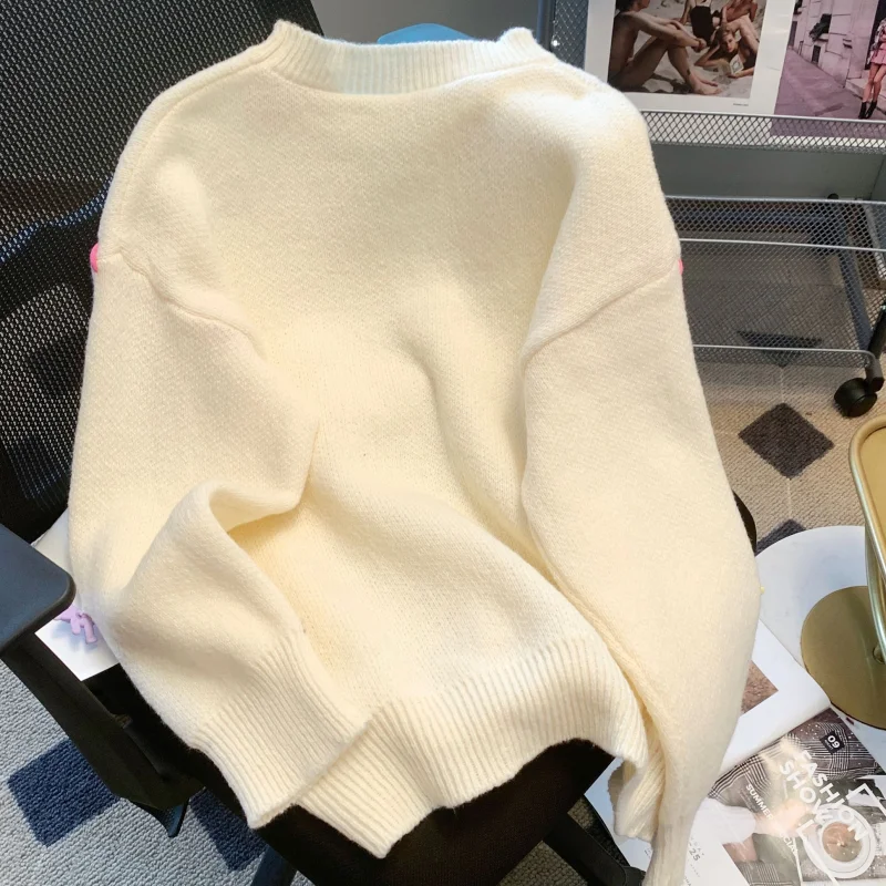 Women Clothing White Knitting Sweater Round Neck Long Sleeves Cashmere Vintage Korean Fashion Baggy Female Autumn Black Tops