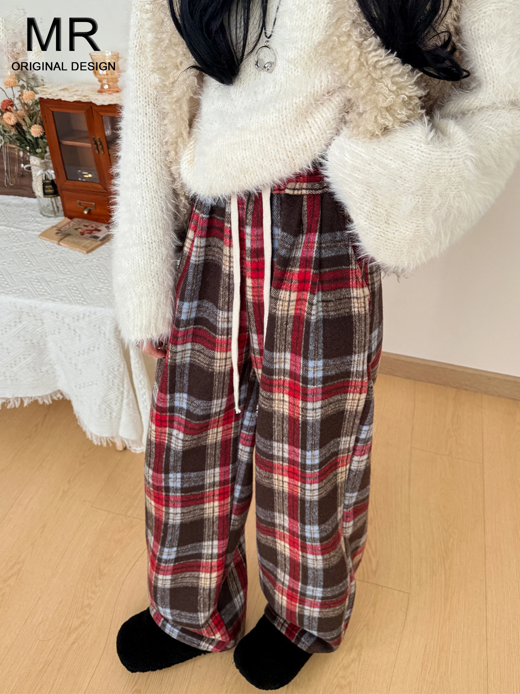 

Красные ретро-твидовые брюки в клетку для женщин, свободные, в расслабленном стиле, прямые, на флисовой подкладке, широкие, с высокой талией, на резинке