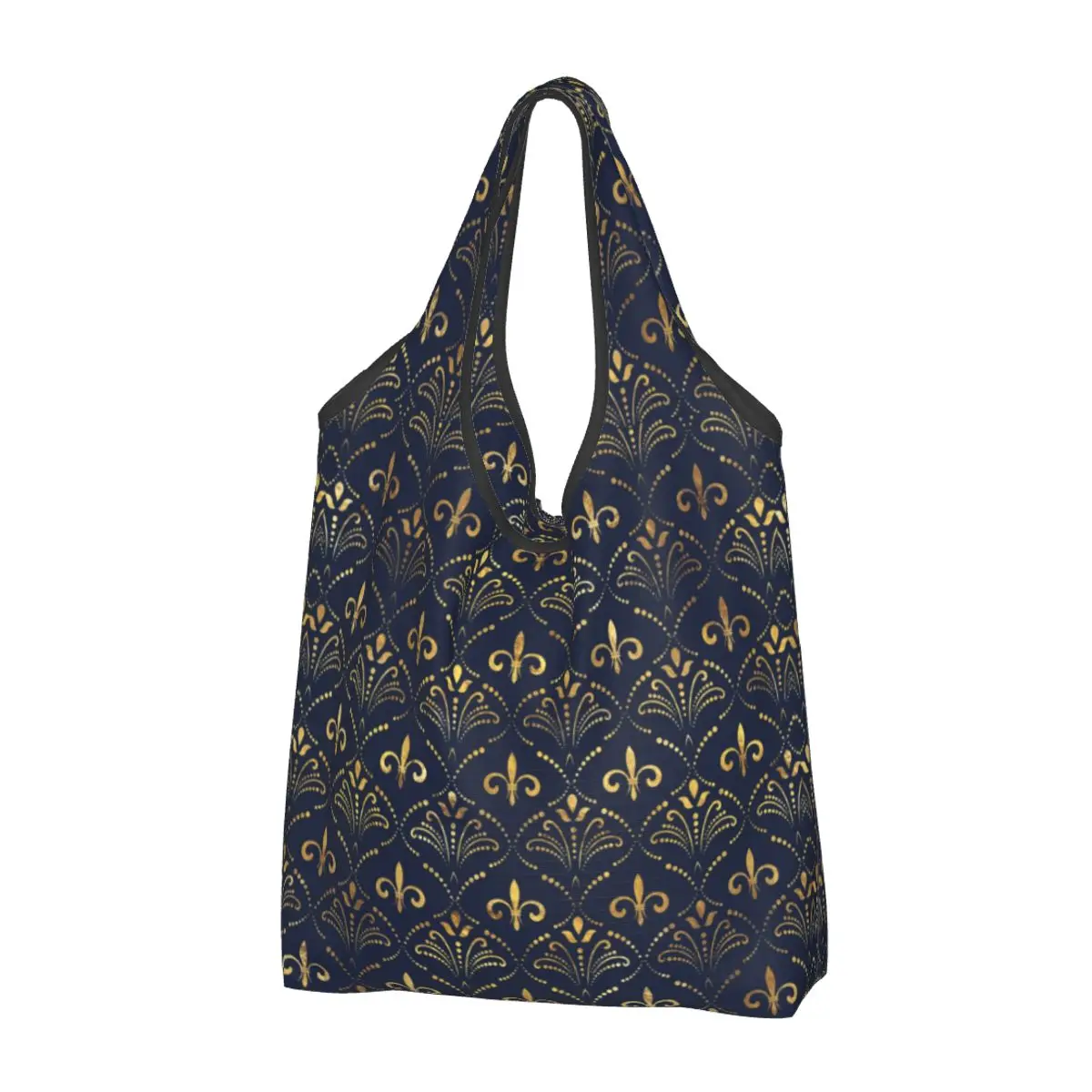 Funny Fleur De Lis Elegant Pattern Gold And Deep Blue Shopping Tote Bags Portable Vintage Lily Flower Shoulder Shopper Bag