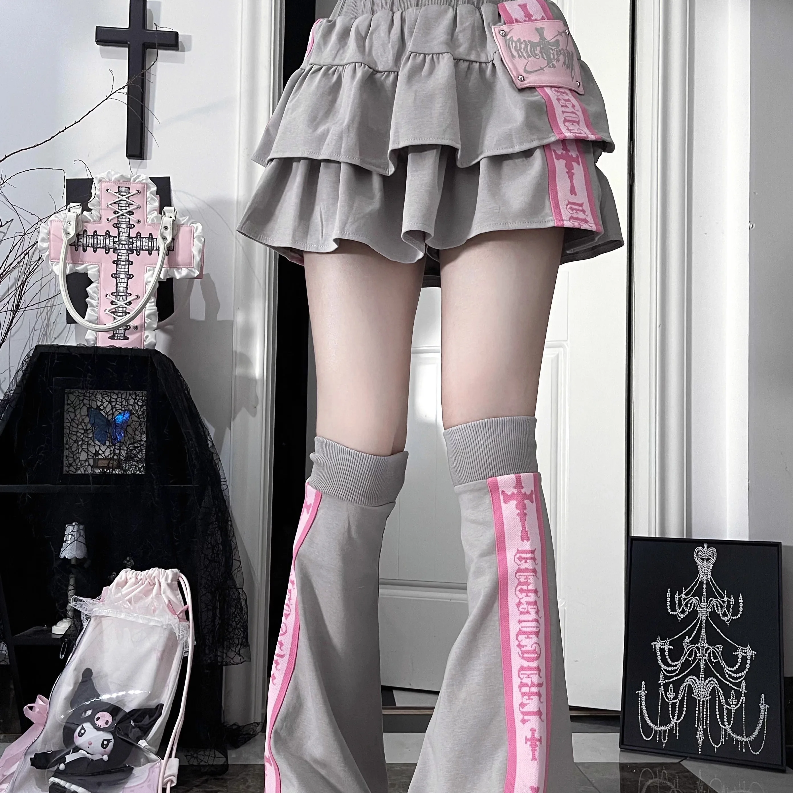 Original Subculture Gothic Loose Short Sleeve Jacket Skirt Leg Warmers Set 2025 Autumn New Girl's Sweet Cool Print Sportswear