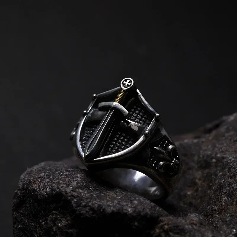 Открытое кольцо в стиле панк Excalibur, винтажное средневековое кольцо с щитом тамплиеров, мужское властное крутое трендовое ювелирное изделие, подарок