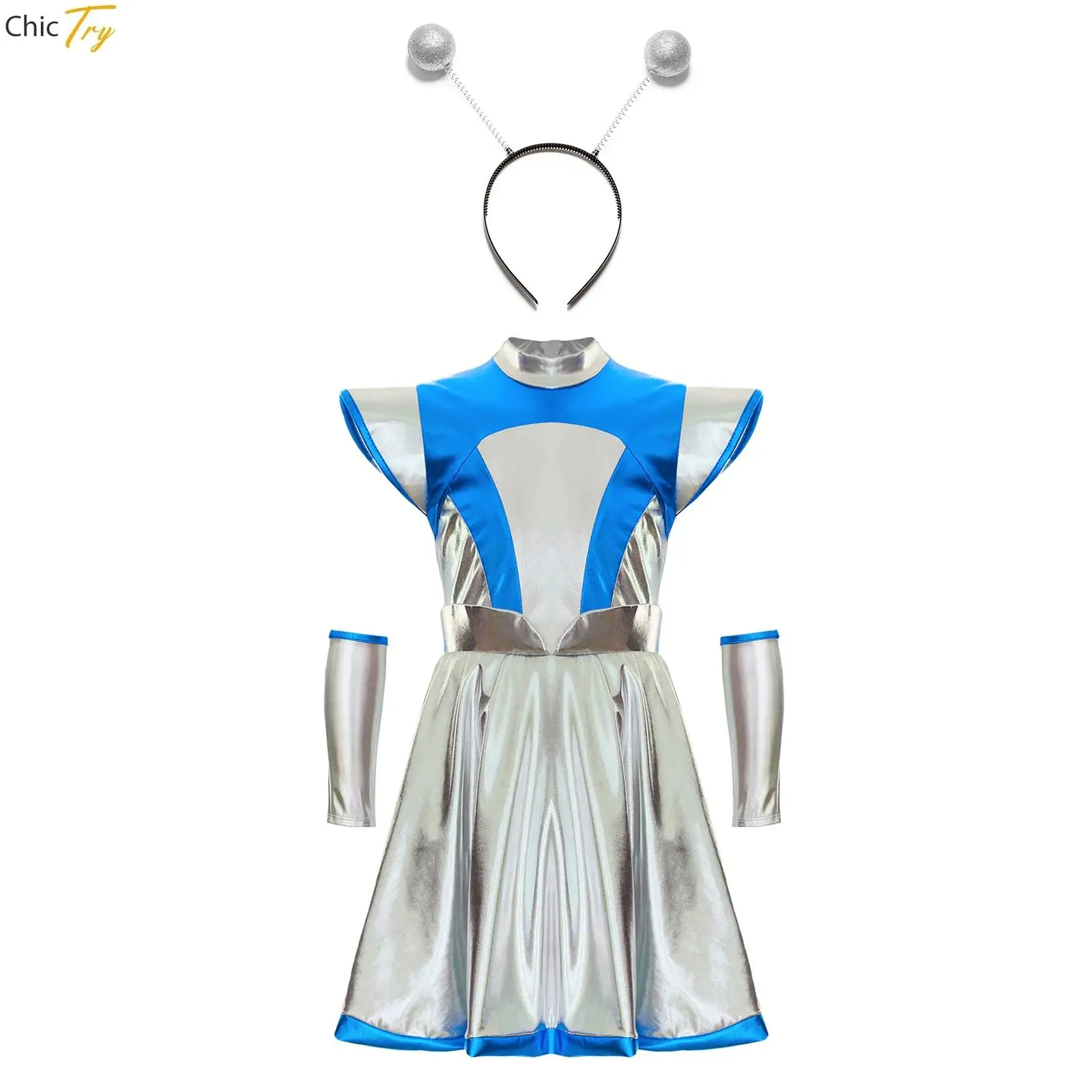 Teen Halloween Alien Costumes Astronaut Cosplay Uniforms Dress Space Clothing Shiny Metallic Dress with Arm Sleeve Hair Hoop