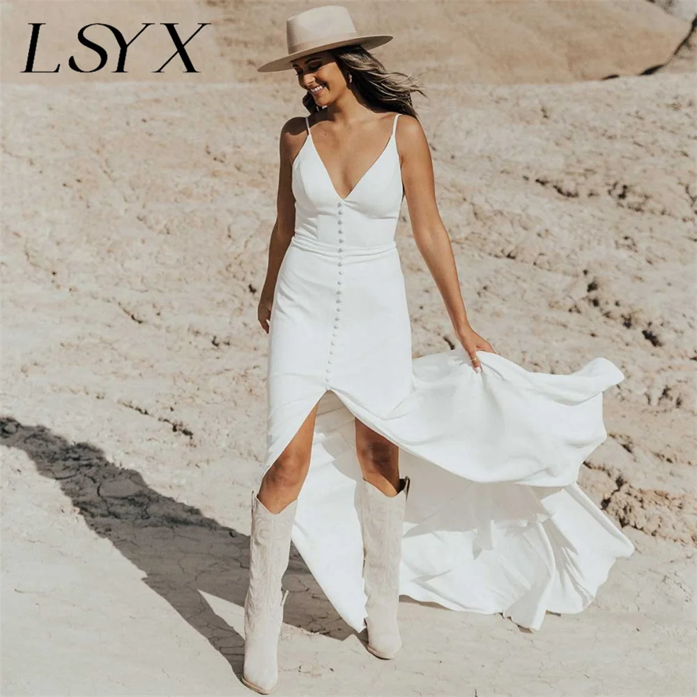 LSYX-vestido de novia blanco de crepé sin mangas, V profundo con escote en traje de novia, corte alto, Espalda descubierta, 2023