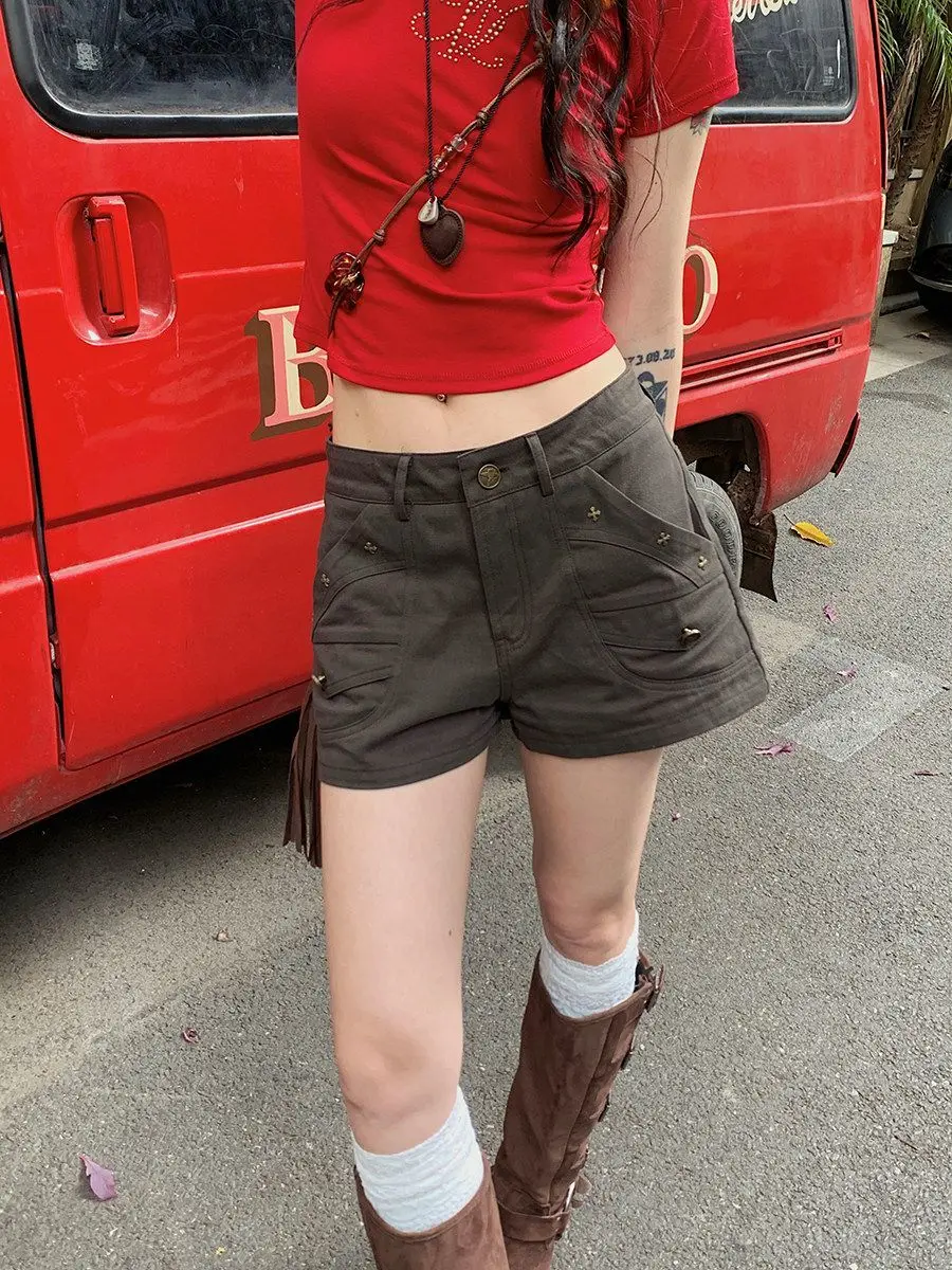 

Gagarich 2026 New Grey Green Button Shorts Women Wearing Summer American Spicy Girl Denim Hot Slim Natural Waist Shorts