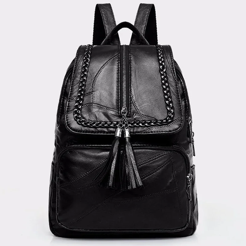 Classic Black Women's Genuine Leather Backpack Waterproof Multi-function Travel Shoulder Bag School Bag for Women