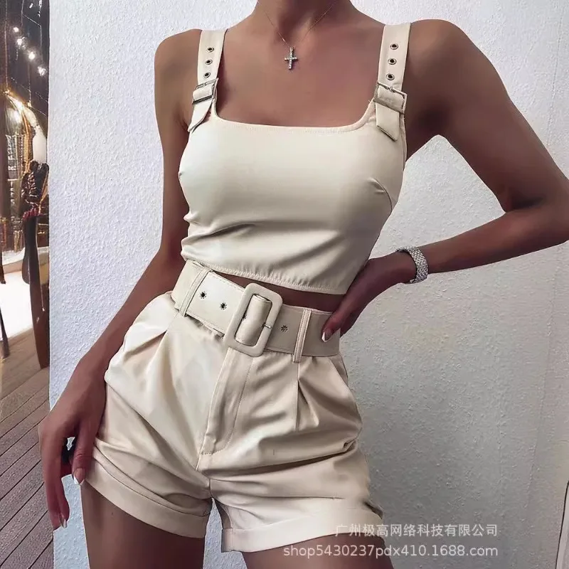 

2024 Spring Summer New Women's Clothing Solid Color Adjustable Shoulder Strap Sleeveless Short Suit