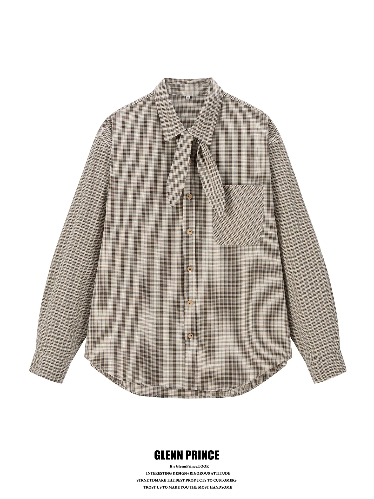 

Retro Artistic Style Men's Shirt with Rabbit Ear Collar Long Sleeve Casual Checkered Spring Fashionable Breathable Cotton Top