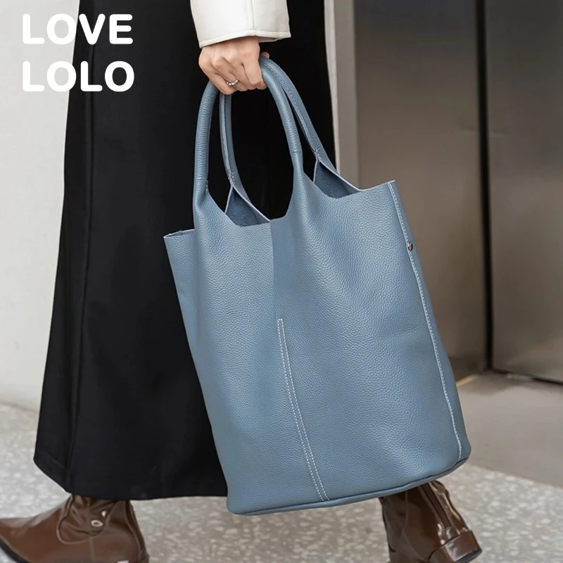 

Bucket bag ladies Luxury woman tote bag genuine cow leather shoulder bag ladies handbags big shopper bag fashion blue