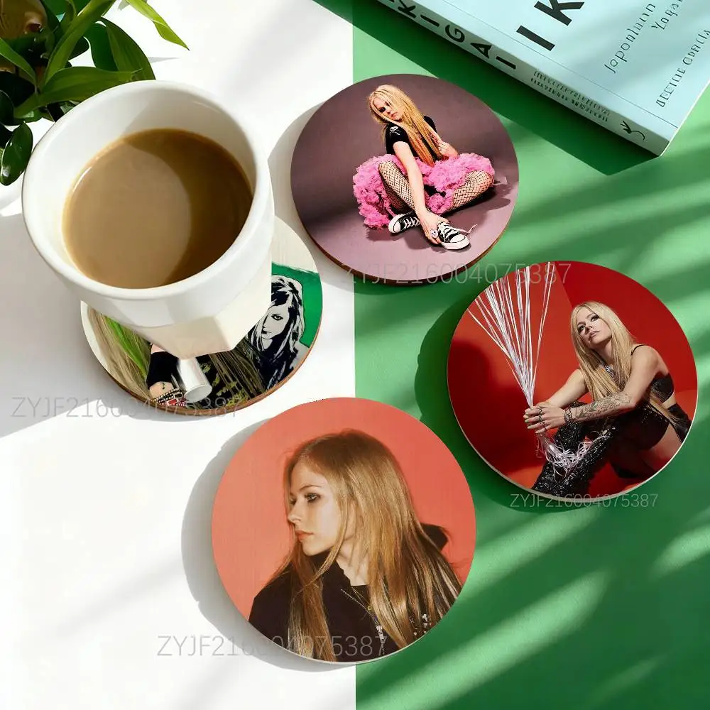 

A-Avril Lavigne Love Sux Let Go Pattern Art Coasters Round Wooden Heat Resistant Non-Slip Home Decor Gift Multifunctional