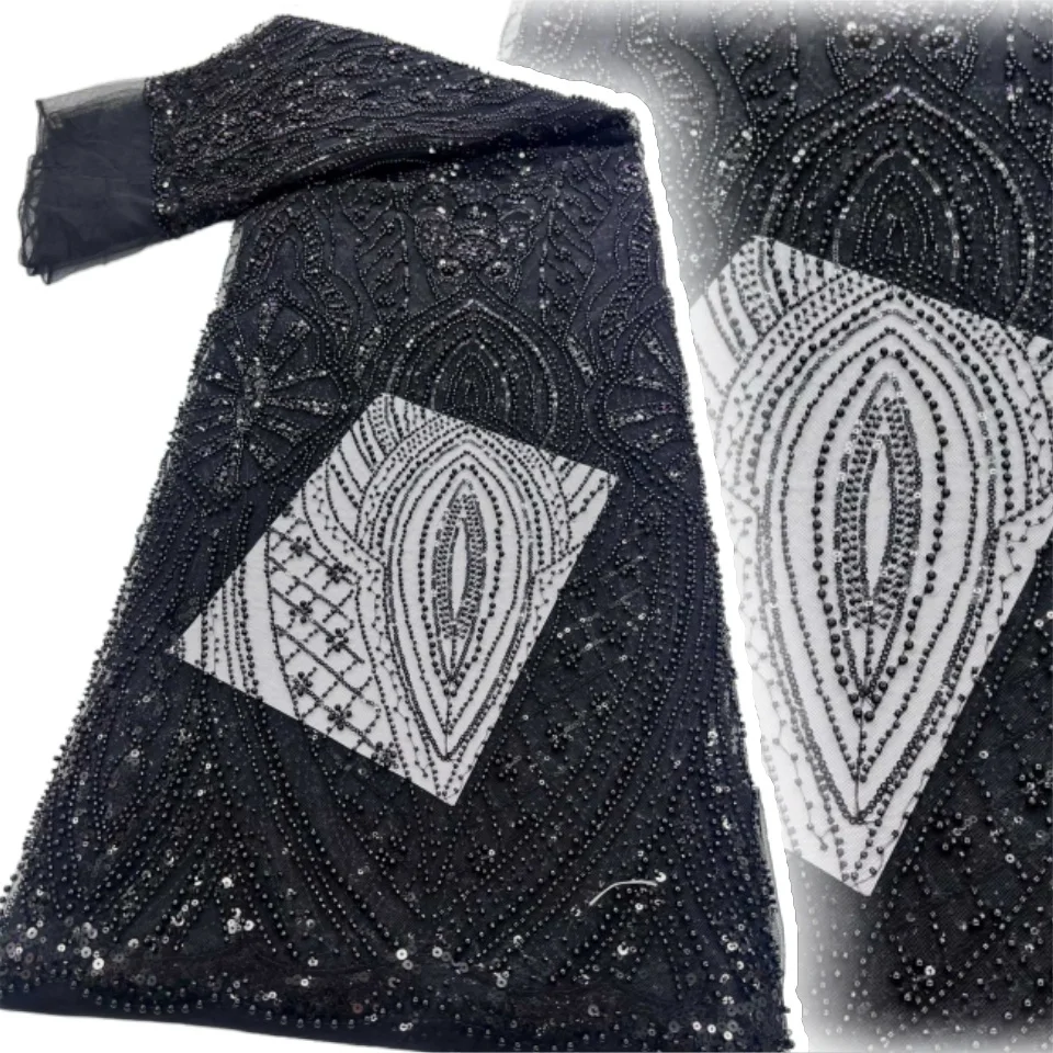 

Luxury Black French Mesh Lace Fabric Beaded Sequins Embroidery for Wedding Dress African Nigerian Style Sewing Material AH1383