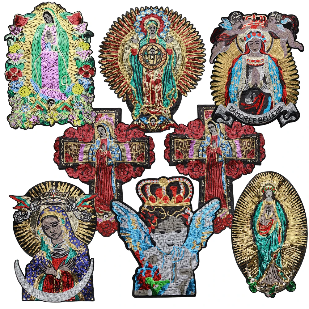 Naszywka do naszycia z cekinami, haftowana aplikacja kwiatowa z wizerunkiem Matki Boskiej z Guadalupe na chrzest.