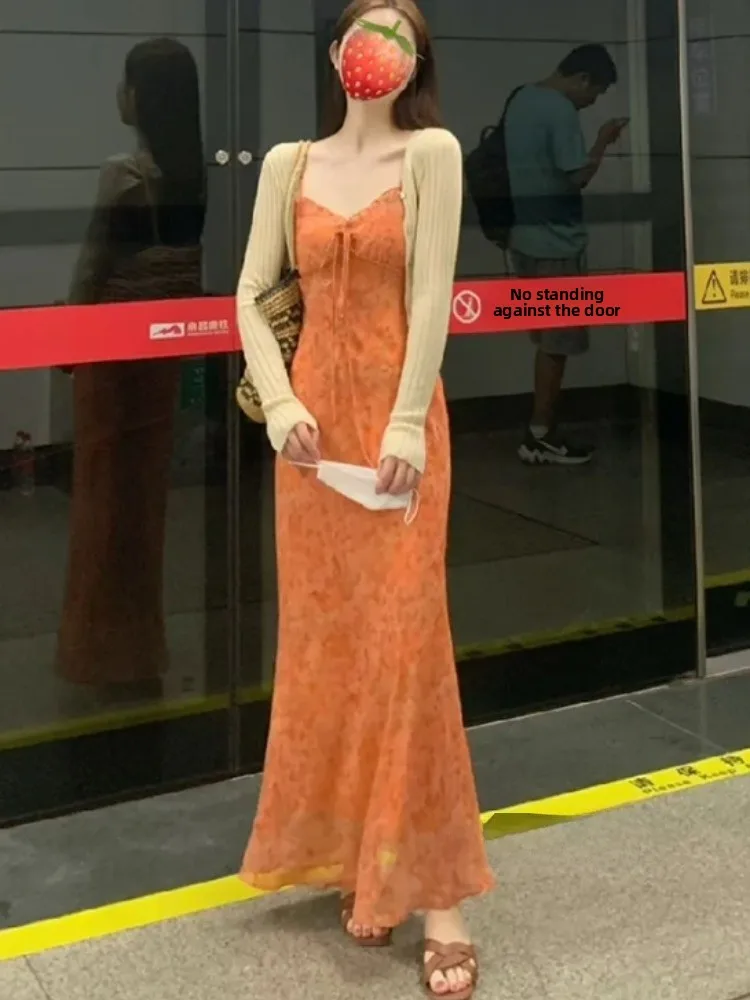 Beach Vaion Stampa floreale Strapl Dr Faion da donna Autunno 2025 New Ele Long Dr Tea Break Casual Lady Sle