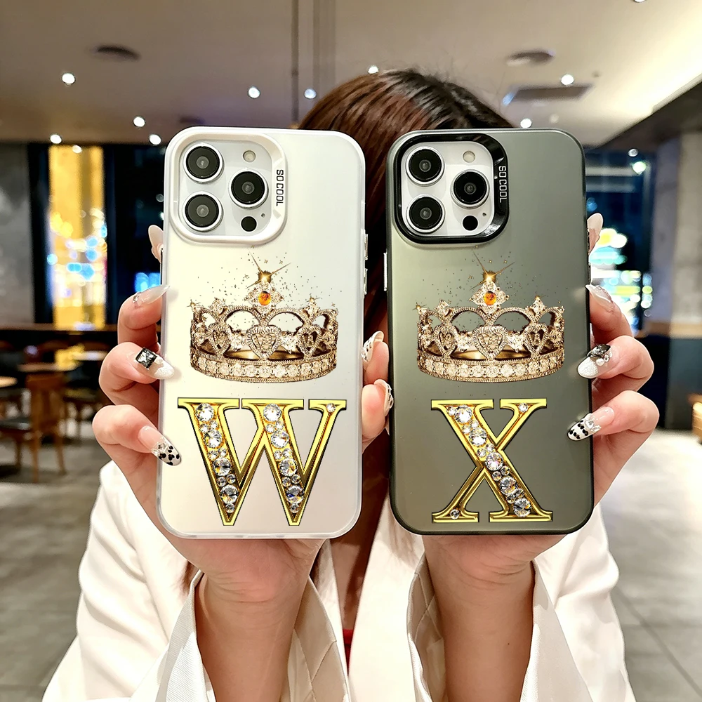 

Color Silver IMD Phone Case For iPhone 17 Air 16 Plus 16E 13 MINI 15 14 12 11 Pro MAX 7 8 SE XR Diamond Crown Letter w Cover