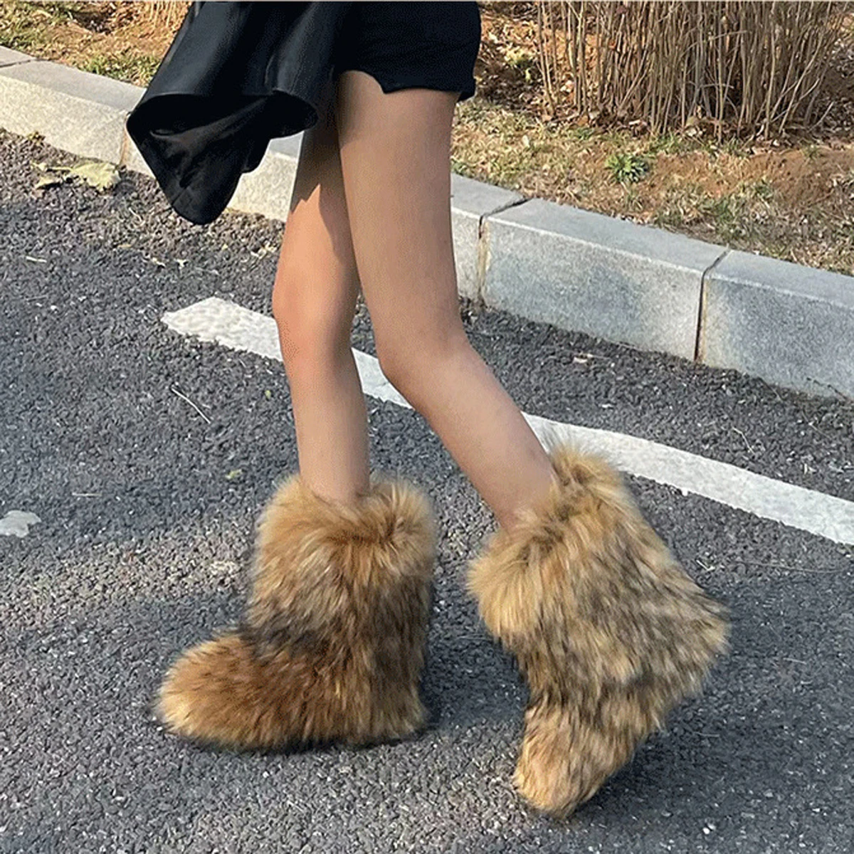 Flat Mid-calf Boots For Spice Girls Faux Fur Long Plush Shoes Y2K Street Style Winter Warm Fashion Party Dress Slip-on Casual