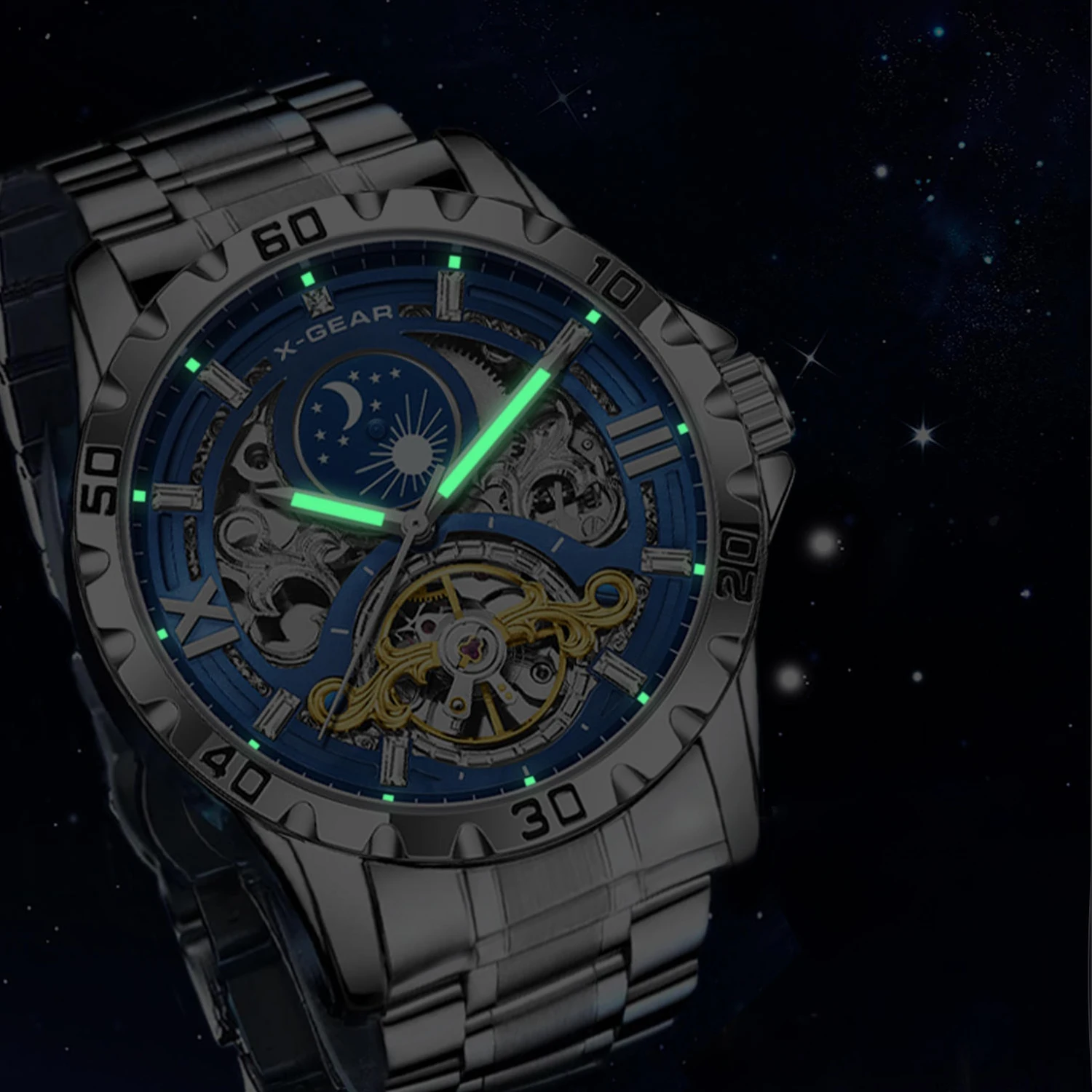X-GEAR Men's Skeleton Starry Moon Phase Tourbillon Automatic Mechanical Watch — Water-Resistant Luminous Steel Edition