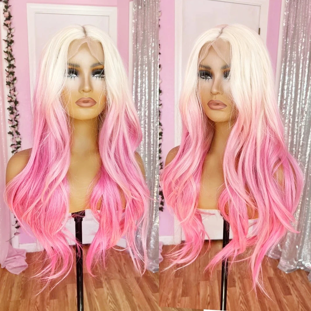 

Pink Ombre Blonde Platinum Body Wave Preplucked Hairline Glueless Lace Front Wig For Women Baby Hair Cosplay