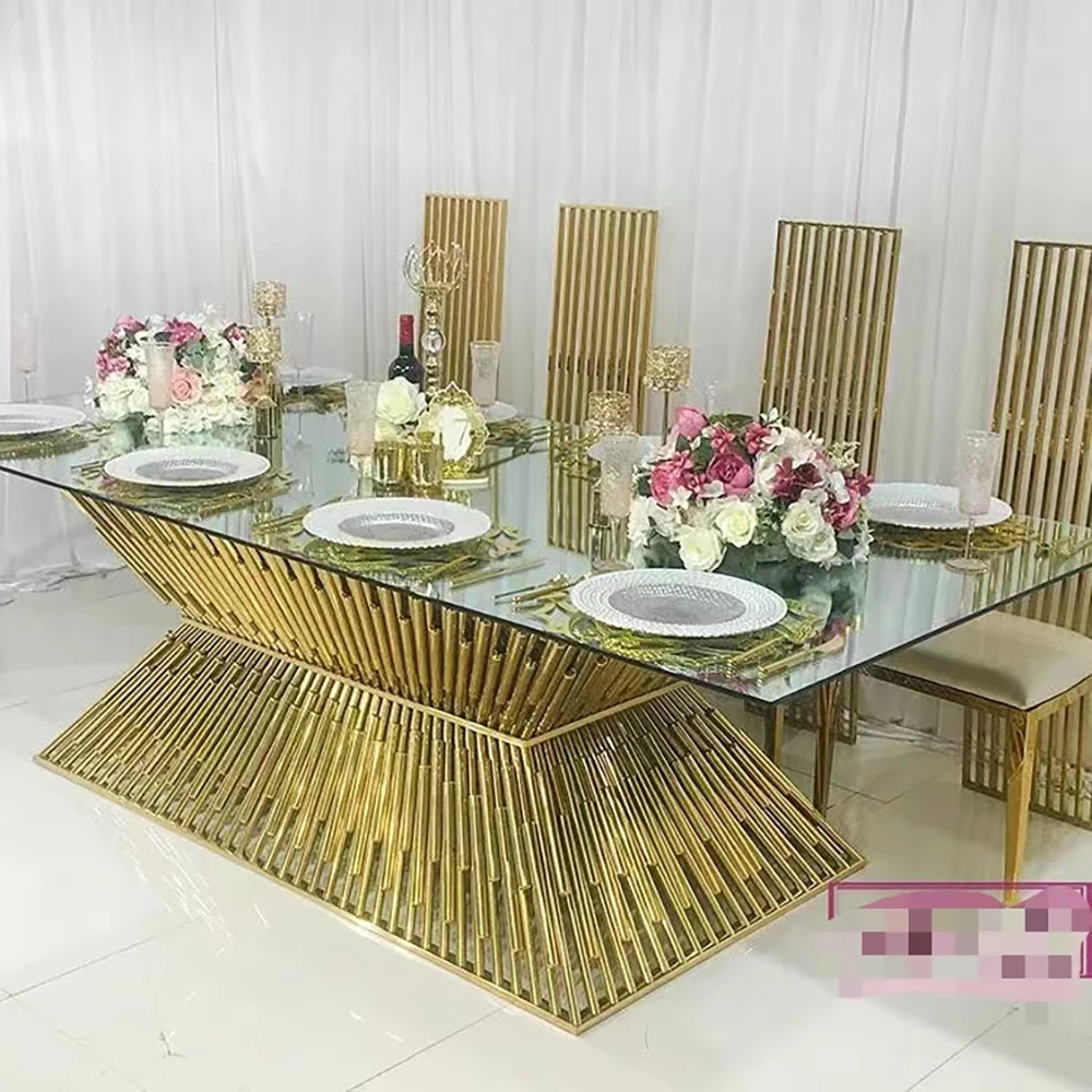 

Outdoor Furniture Golden Stainless Steel Rectanagle Glass wedding Crystal dining Table For Mariage