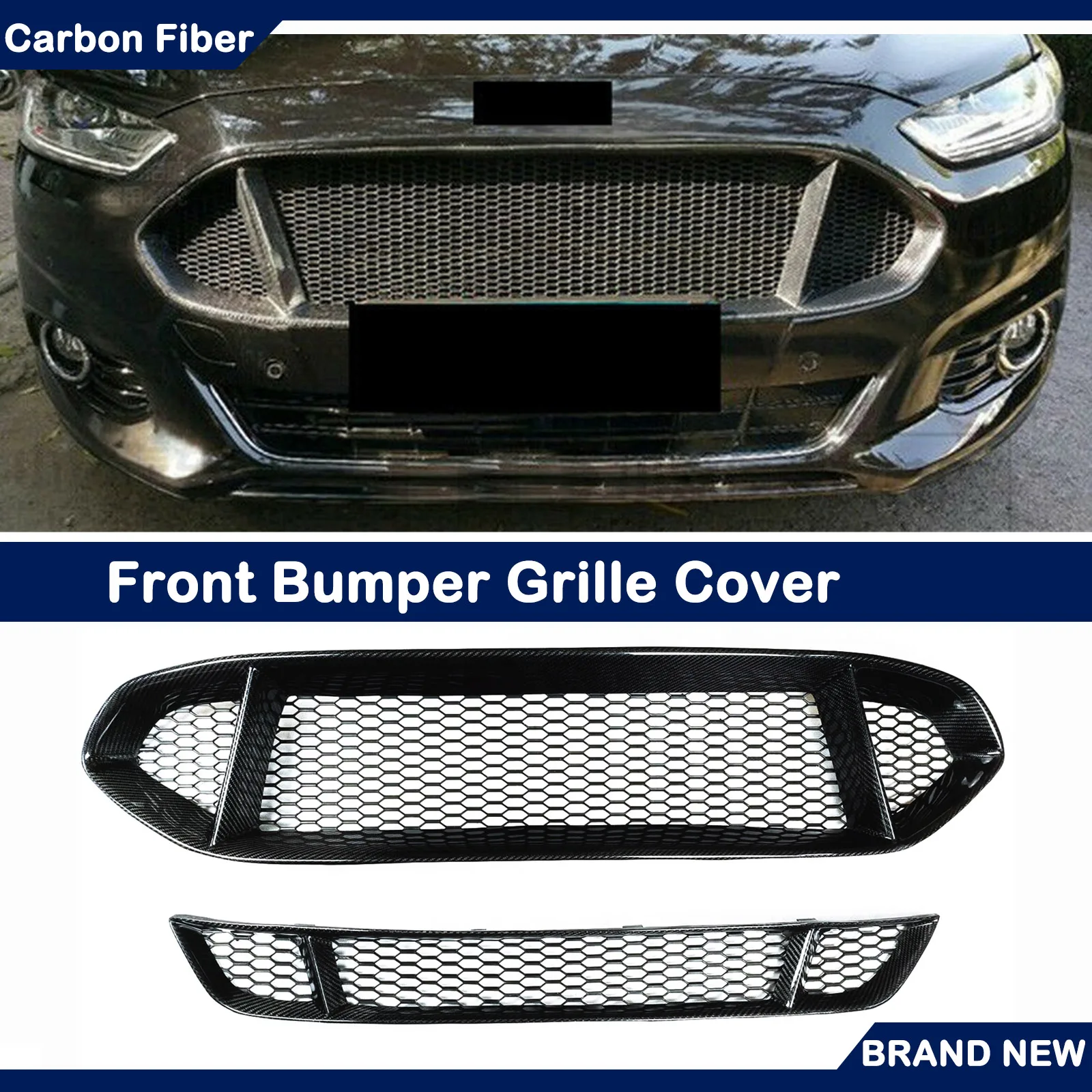 Real Carbon Fiber Car Front Grille Grill Honeycomb Upper & Lower Bumper Hood Mesh Body For Ford Mondeo Fusion 2013-2016