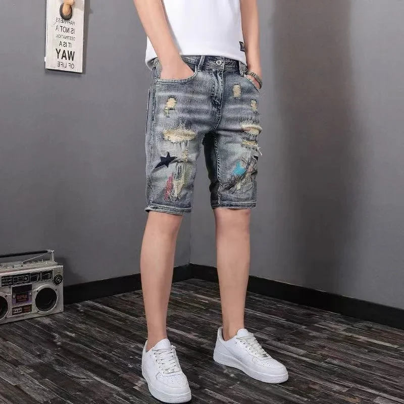 Man Denim Shorts Multi Color Ripped Harajuku Short Jeans Pants For Men Luxury Xxxl Sale With Vintage Cut Original Popular