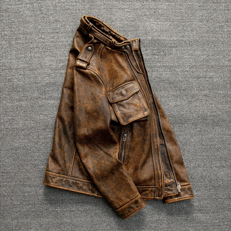CC Shop.oil Vintage yellow.100% natural cow leather coat.us retro