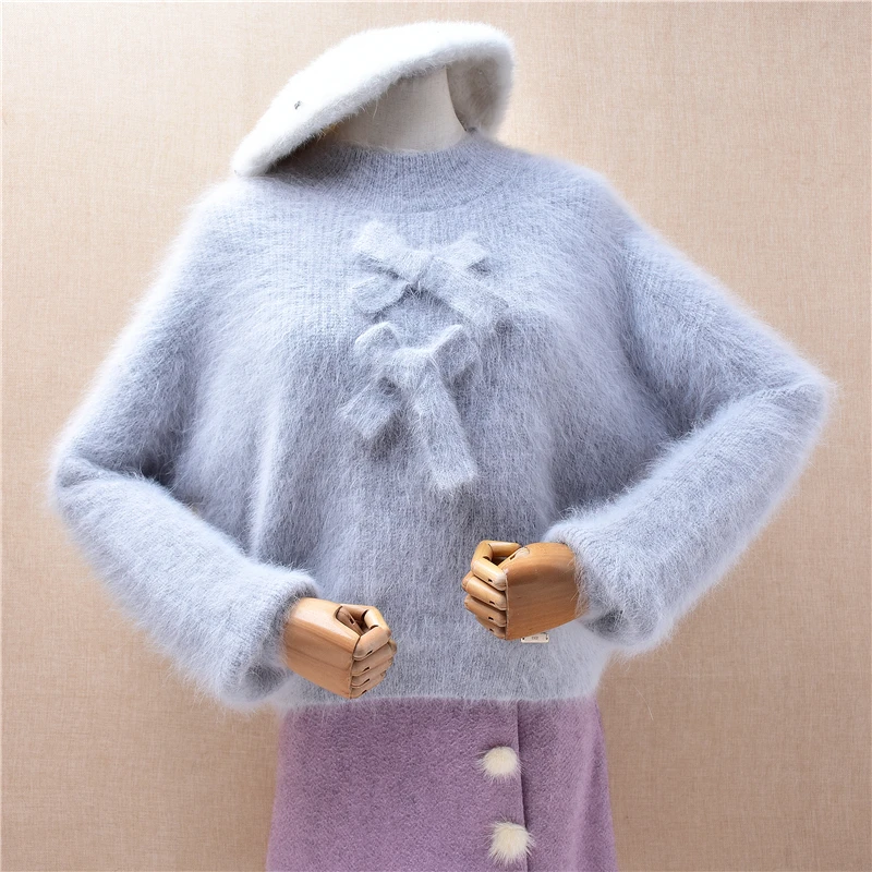 

Ladies Women Autumn Winter Fashion Grey Hairy Mink Cashmere Knitted O-Neck Long Sleeves Bowtie Loose Pullover Sweater Jumper Top