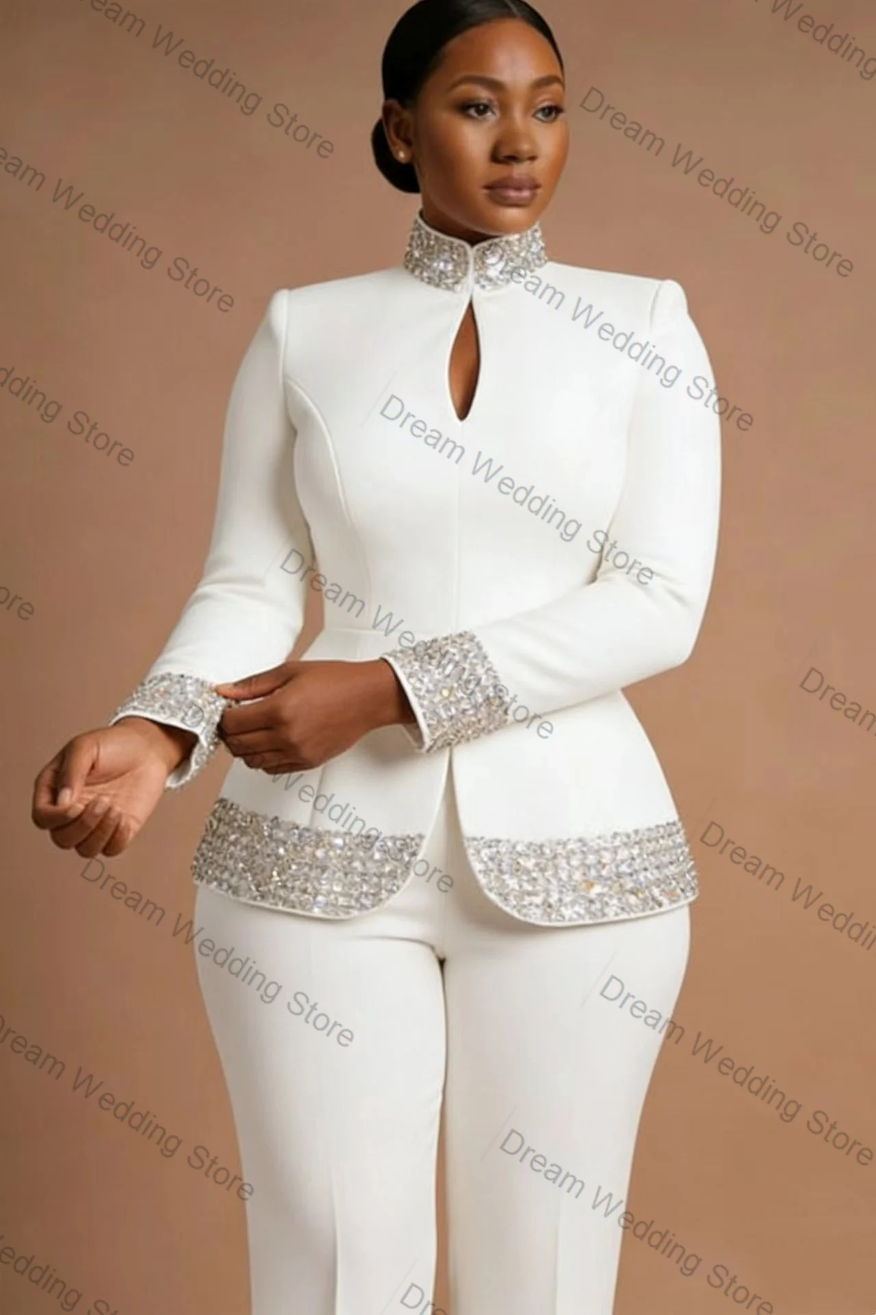 White Women Suit Set 2 Pcs Blazer+Pants Trousers Crystals Spring Autumn Formal Office Lady Jacket Customized Wedding Guest Coat image 5
