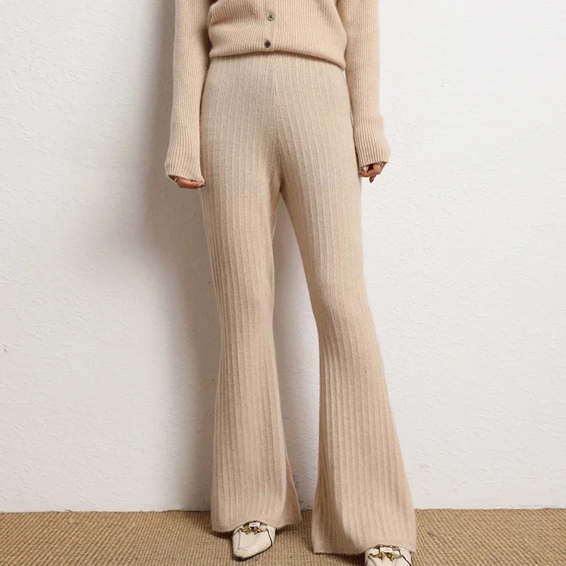 

2023 Autumn Winter Women 100% Merino Wool Pants Soft Waxy Comfortable High-Waist Knitted Trousers Female Fashion Flared Pants
