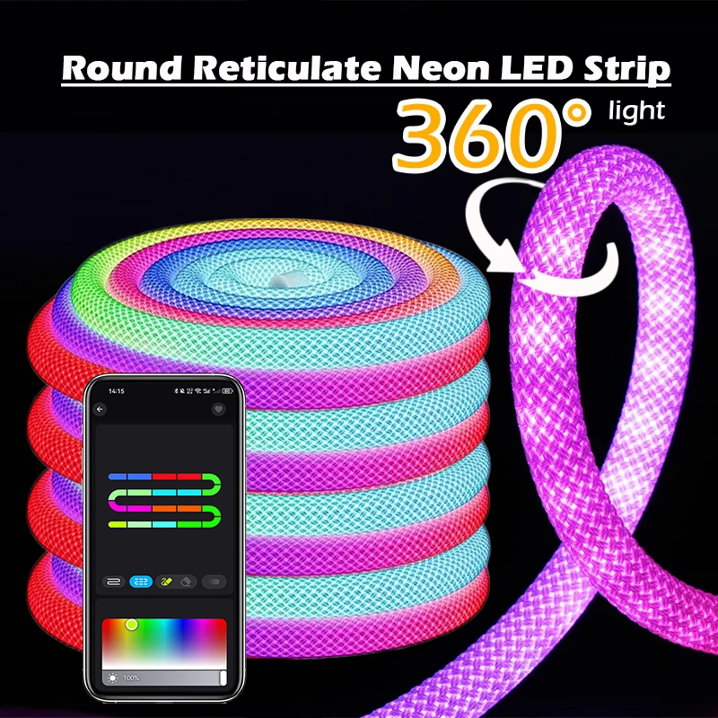 360 Degree Round Reticulate Neon LED Strip with Remote Control,RGBIC Nylon Flexible Dream Colorful Rope Light For Bedroom Living