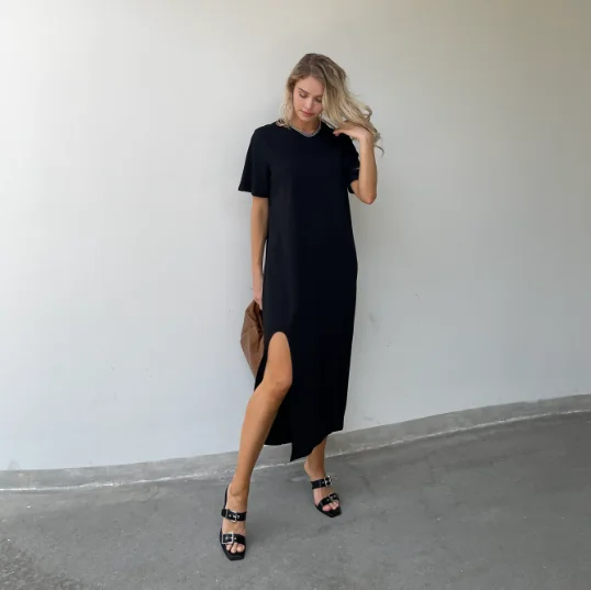 2024 Summer Fashion Split Women T shirt Dress Black Basic Simple Dresses