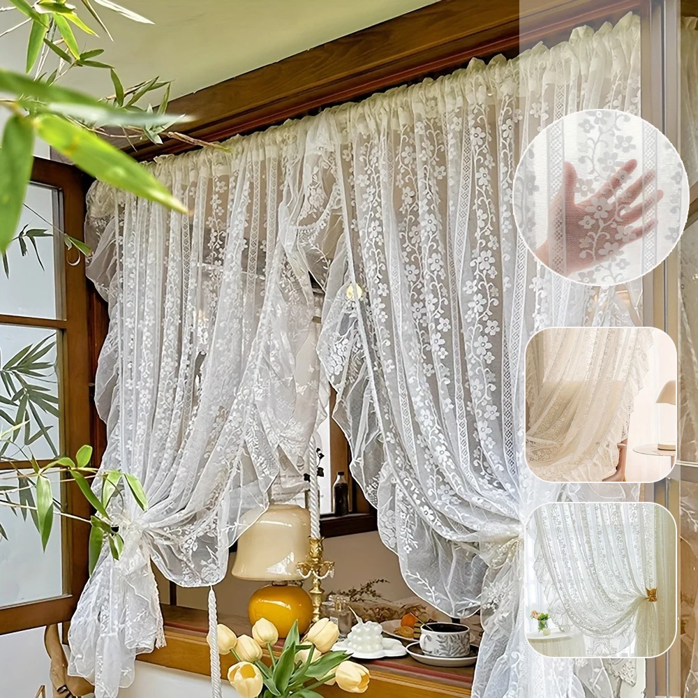 

French Lace Embroidery White Begonia Flower Gauze Curtain for Living Dining Room Bedroom Vintage Court Style Translucent Curtain