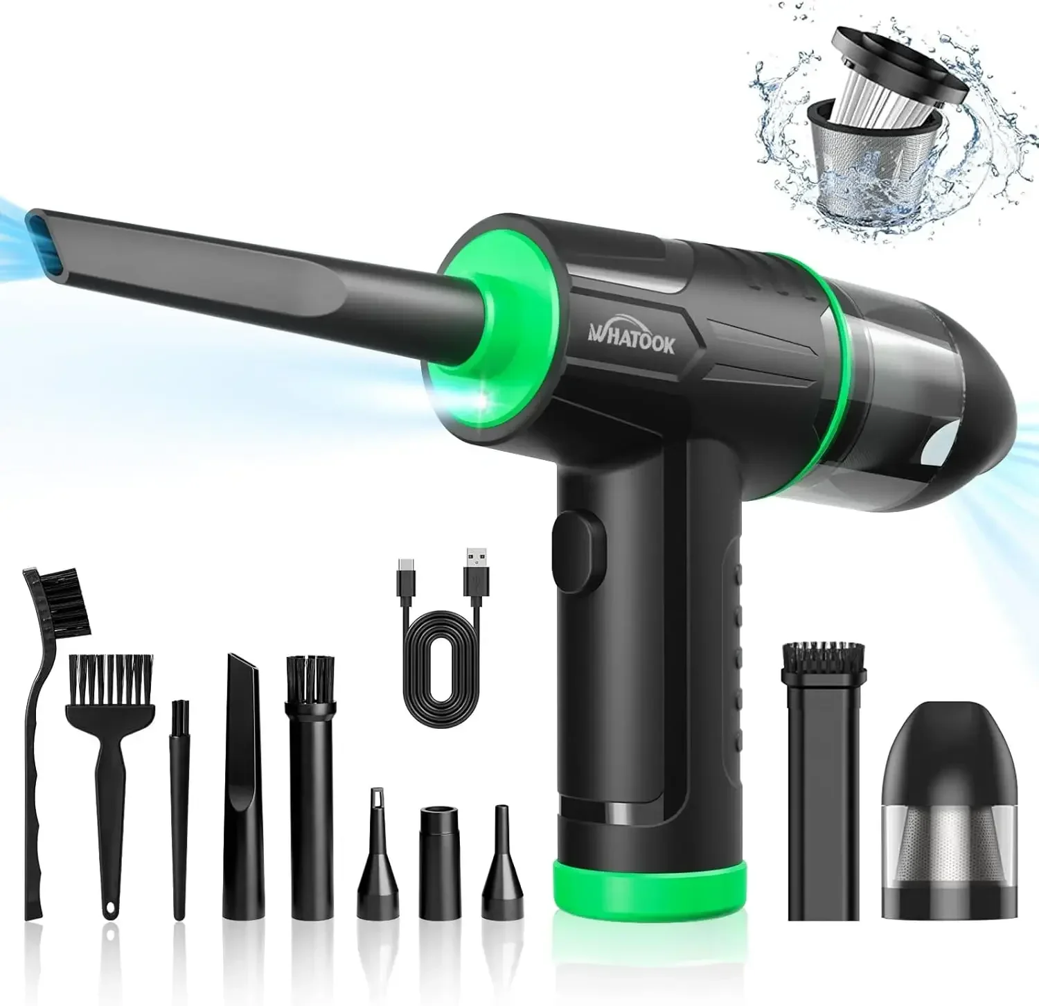 Soplador de Polvo Eléctrico y Aspirador 2 en 1, 100000 RPM,10Kpa, 7600mAh, 3 velocidades, Aire Comprimido Sin Cable con LED para