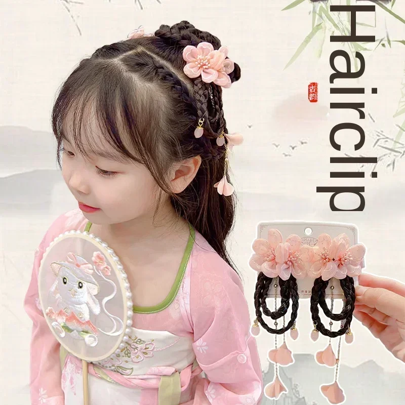 Girls\' Hanfu Garden Flower Headwear Clip Children\'s Ancient Chinese Braids Little Girls\' Ancient Hair Ornaments Streamers