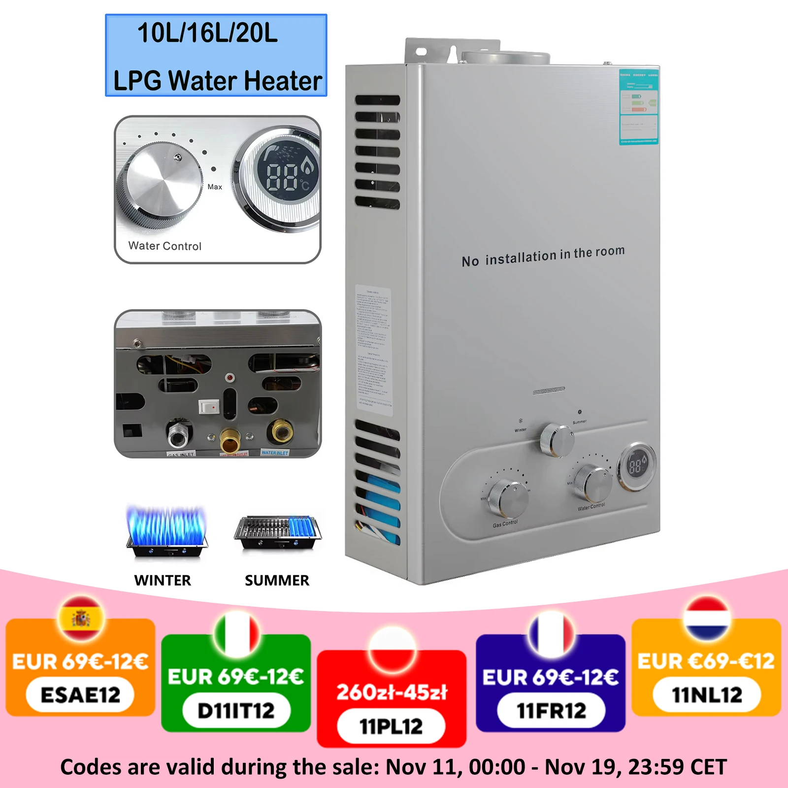 Chauffe-eau au gaz de pétrole liquéfié au Propane, 10/16/20l, Kit de chaudière en acier inoxydable pour l'extérieur, la maison et le Camping