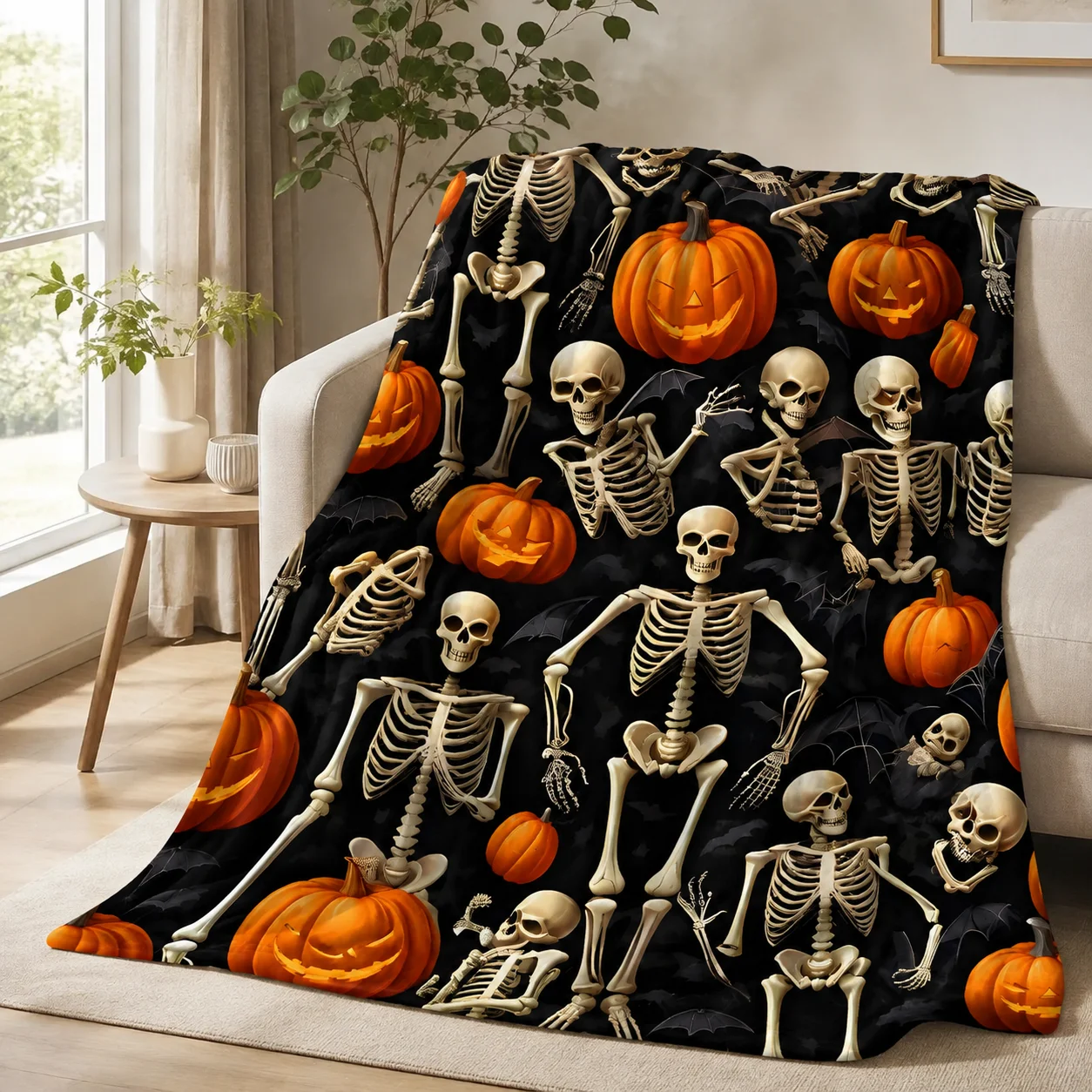 Halloween Flannel Blanket, Skeleton Pumpkin Bat Print Throw Blanket, Soft Lightweight Cozy Bed Sofa Cover For Halloween Party